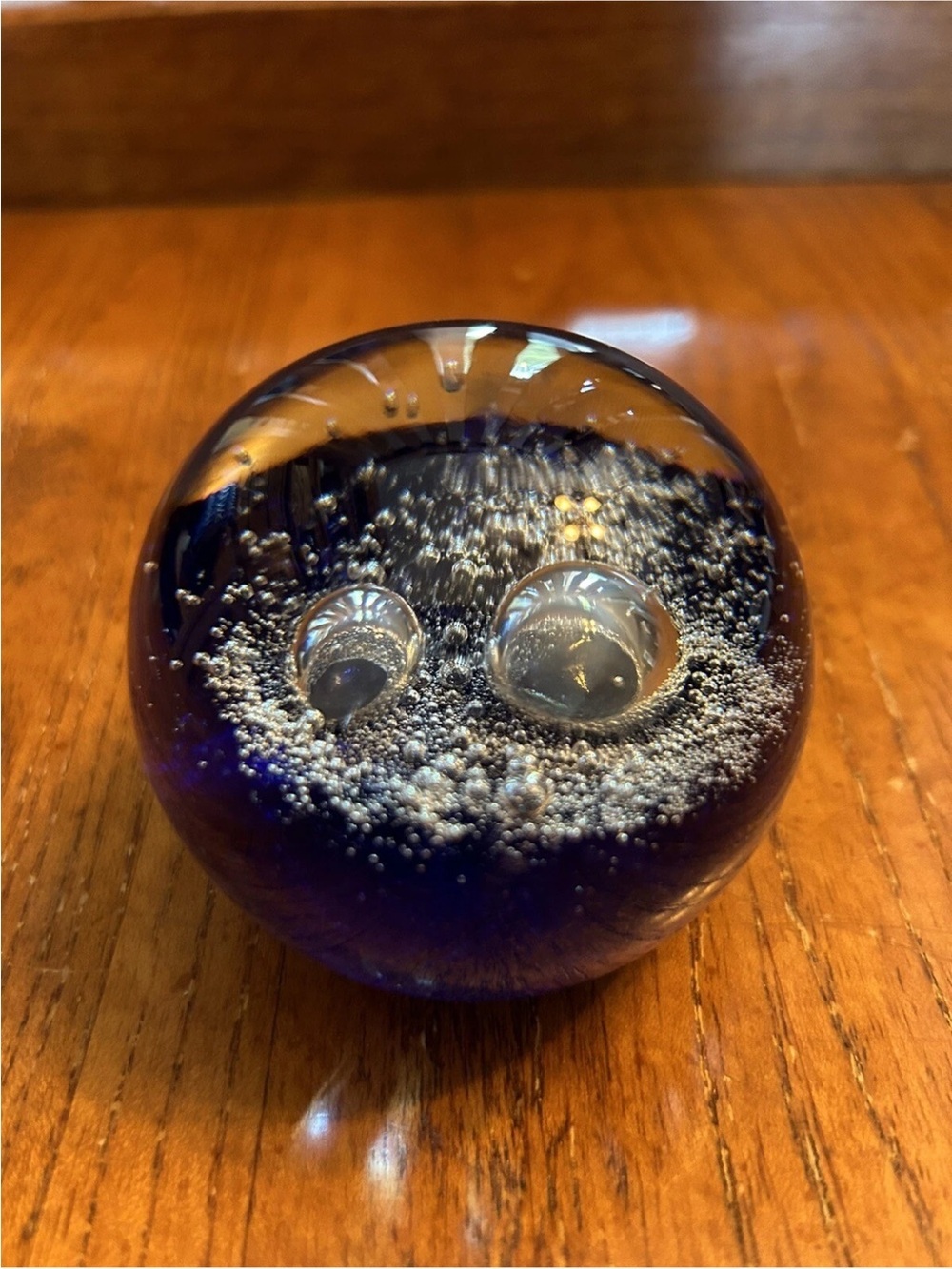 Vintage New Zealand Blue with Clear Bubbles Round Paperweight